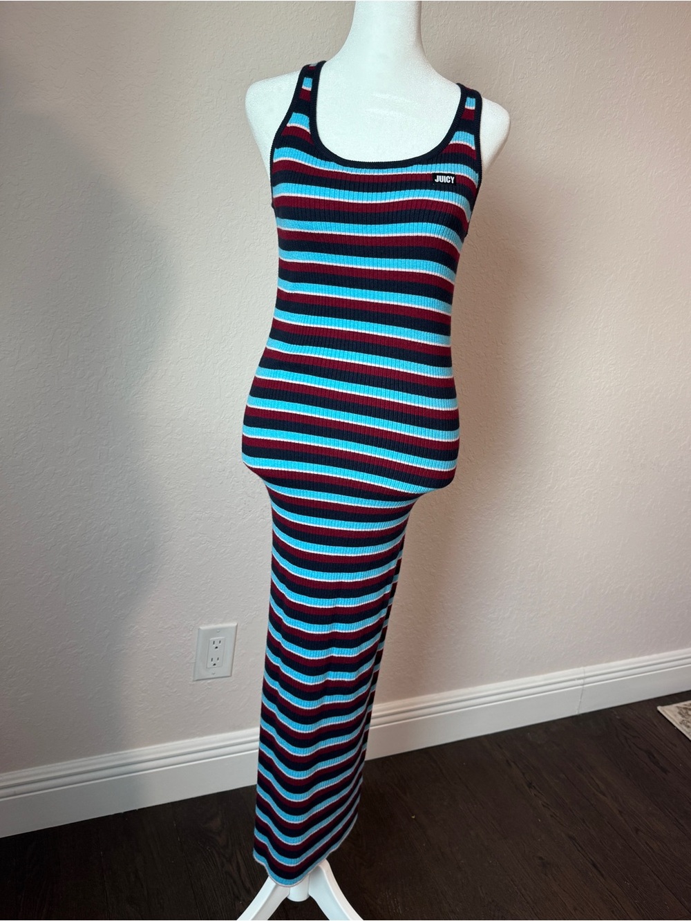 Juicy Couture Black Label Striped Rib Knit Maxi Dress Y2K Small